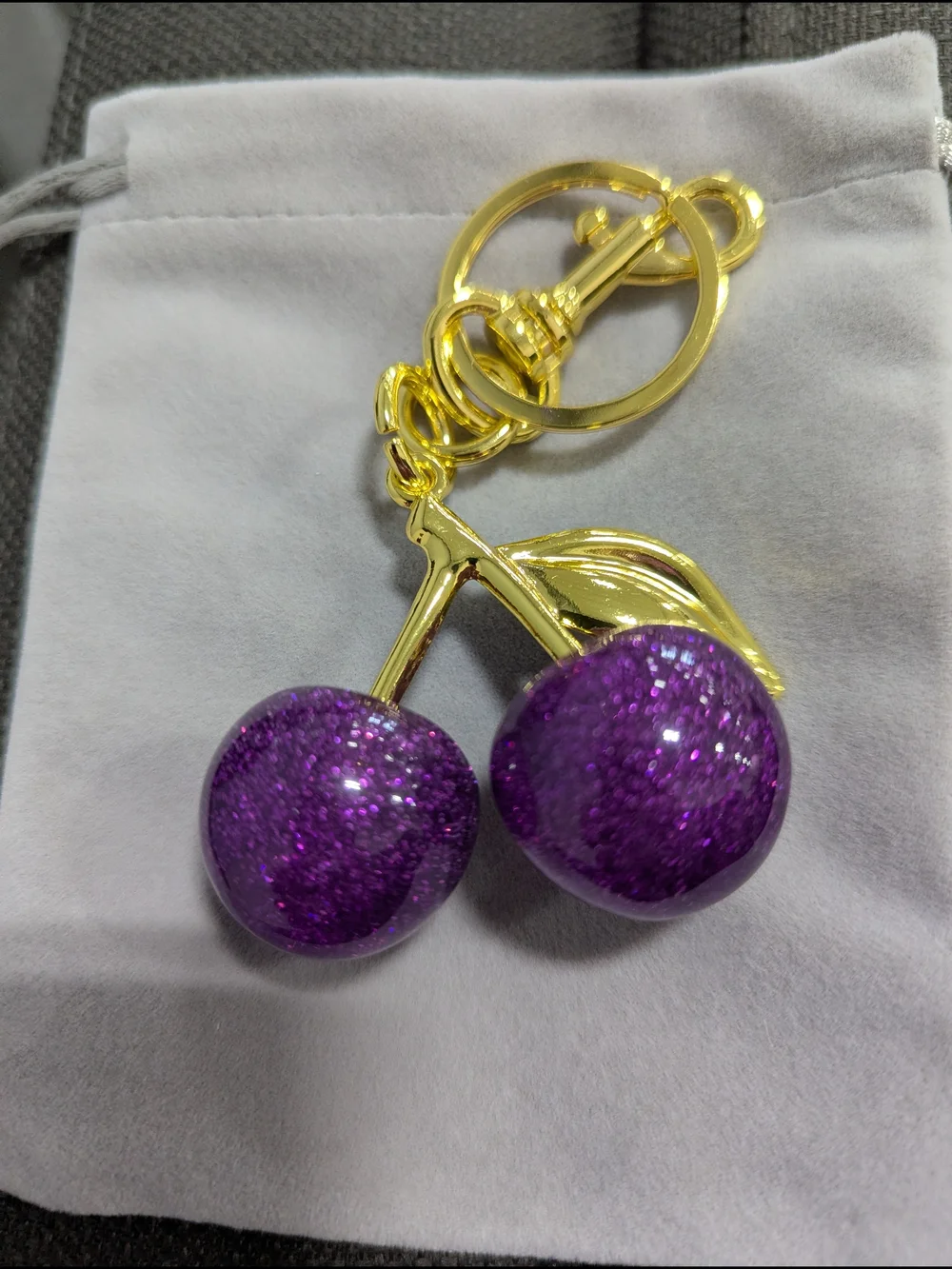 Purple Glitter Cherry Charm Keychain NWOT (Small)